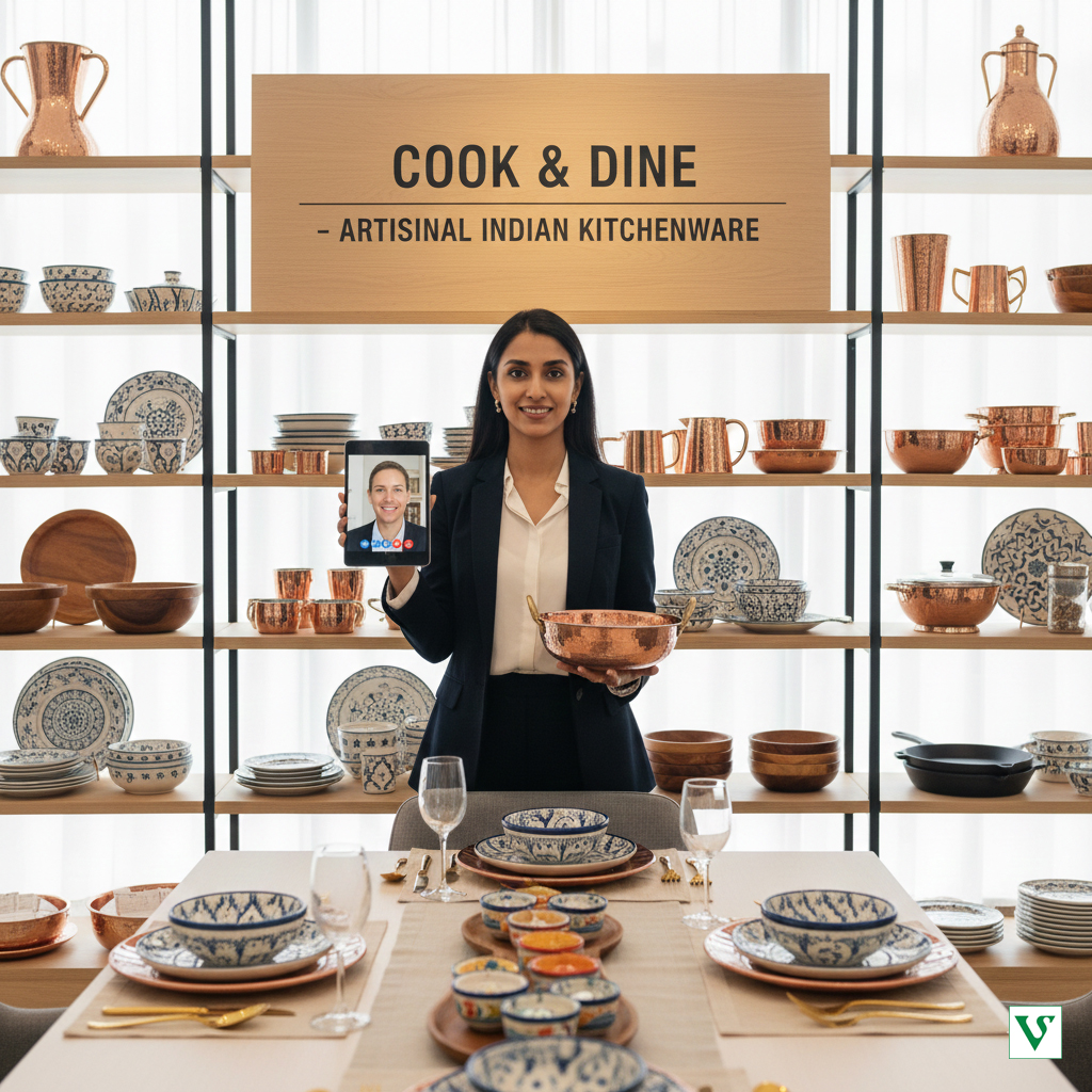 Premium kitchenware and dinnerware from India featuring stainless steel cookware, copper serving bowls, and handcrafted wooden salad servers.